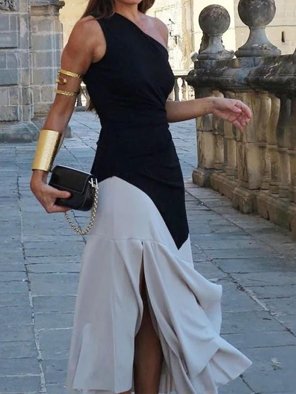 Fashionable sleeveless loose one shoulder midi dress