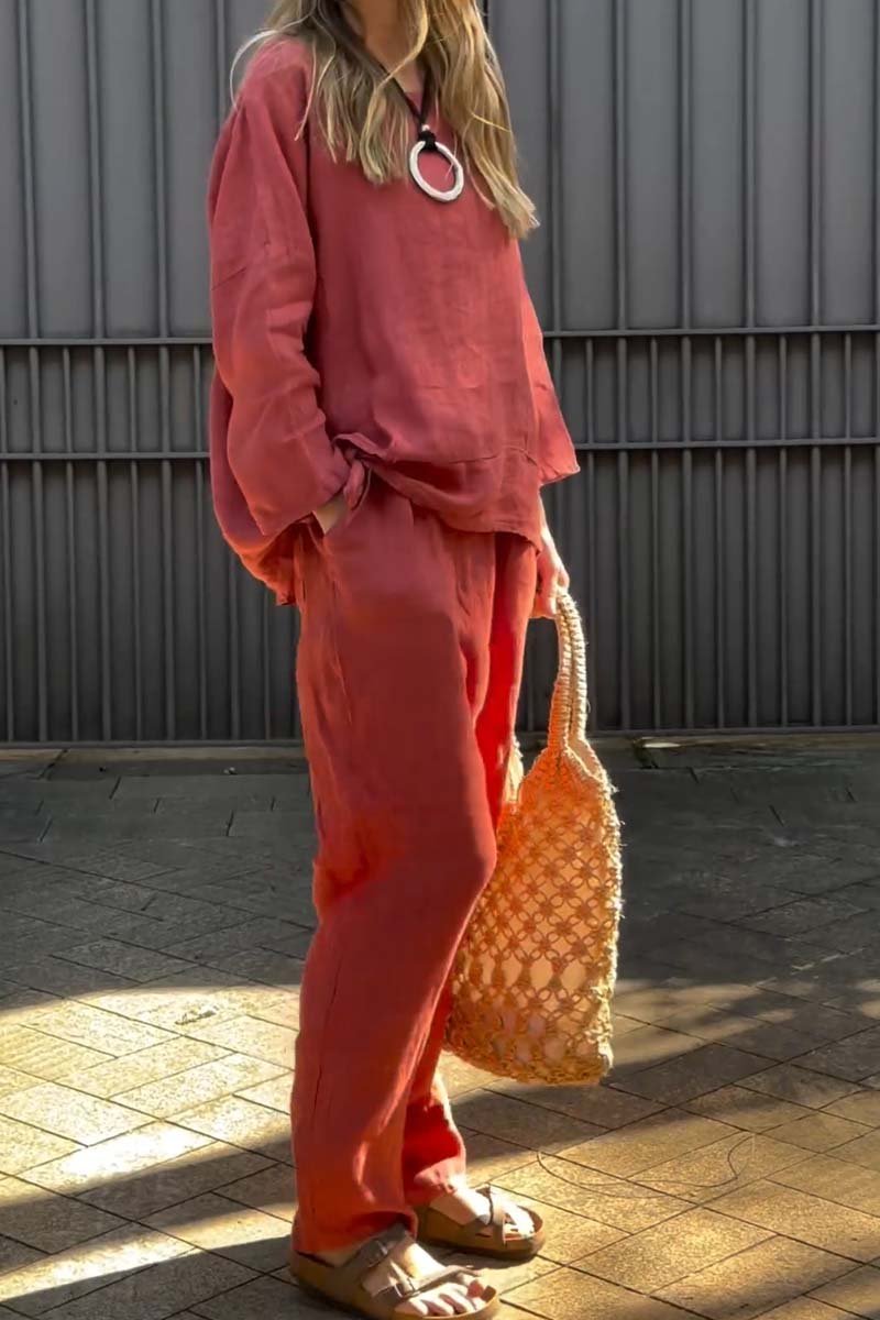Women's casual solid color cotton and linen two-piece set