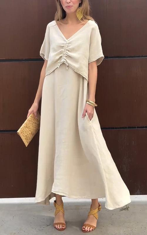 Women's V-neck Solid Color Cotton and Linen Two-piece Suit