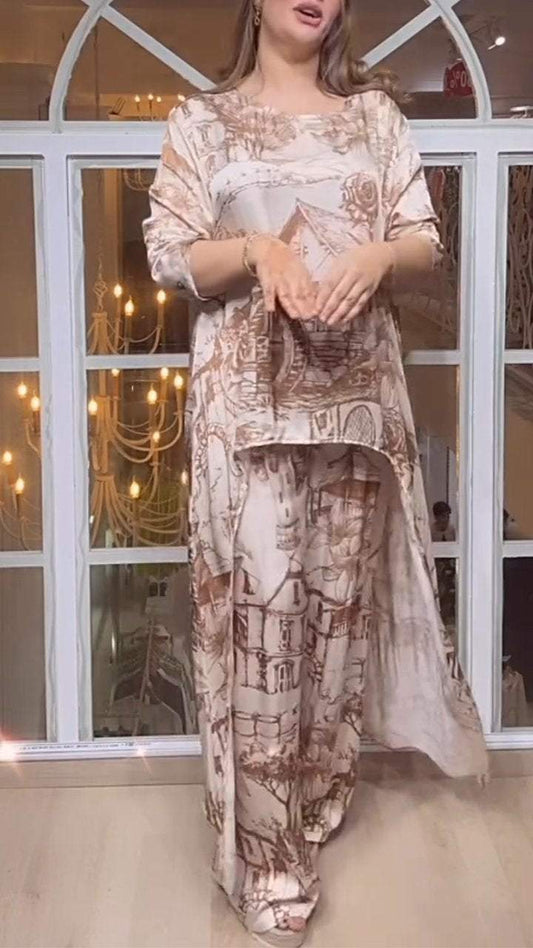 Round Neck Casual Long Sleeve Printed Two Piece Suit