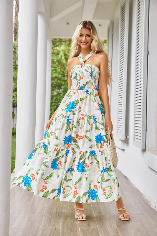 GRACE KARIN Women's Summer Dresses 2025 Halter Neck Sleeveless Smocked Backless Cut Out Floral Flowy A Line Maxi Dress