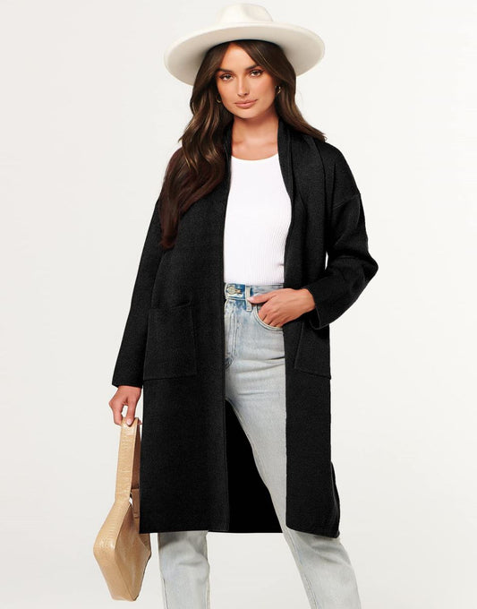 ANRABESS Women's 2023 Fall Cardigan Sweater Long Sleeve Open Front Lapel Coat Casual Knit Coatigan Jacket with Pockets