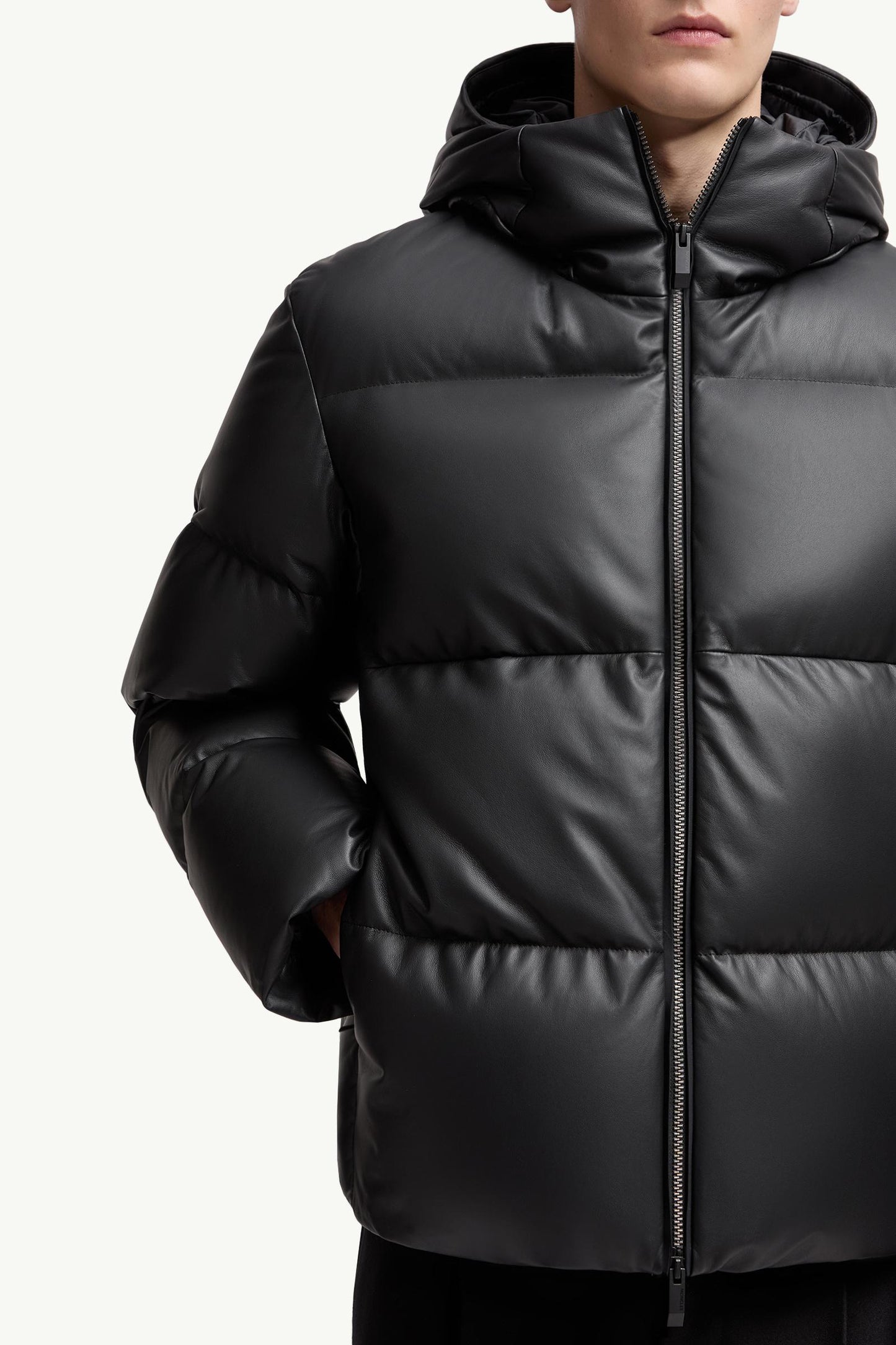 Mentone Hooded Nappa Leather Short Down Jacket