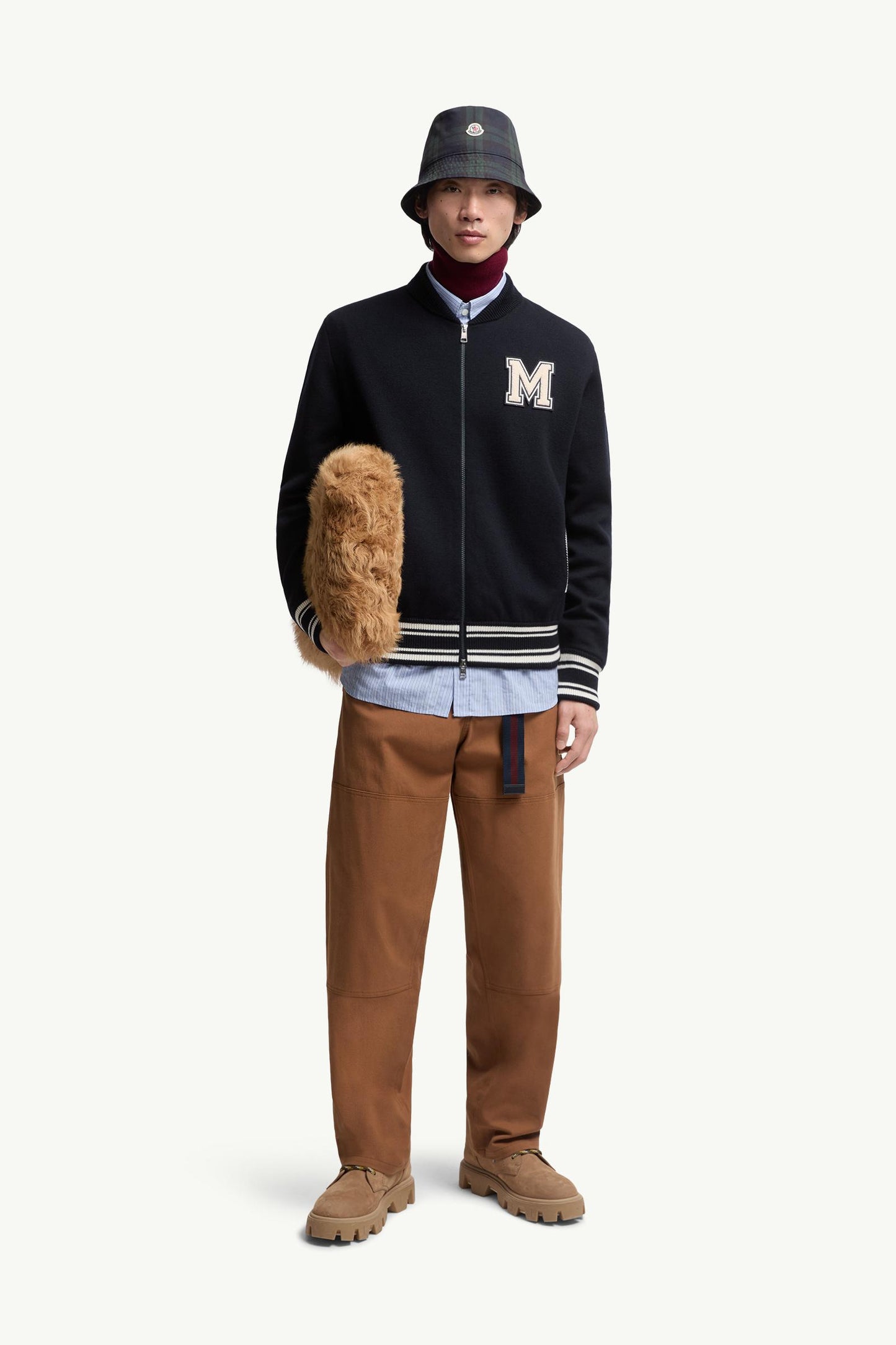 Embroidered Monogram Padded Zip-Up Wool Blend Cardigan