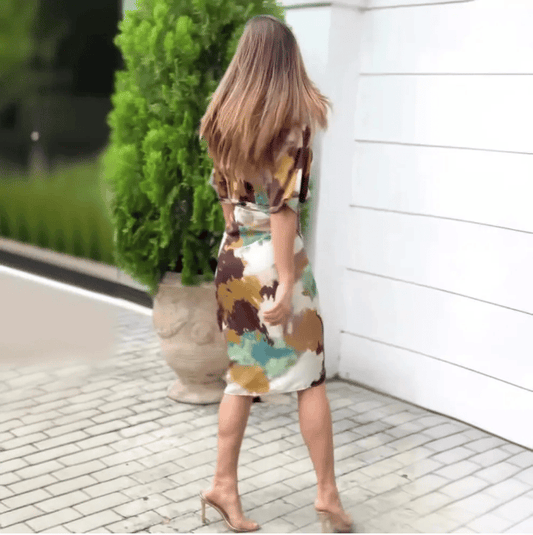 Elegant abstract print satin dress, women's wrap dress