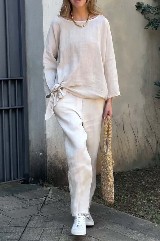 Women's casual solid color cotton and linen two-piece set