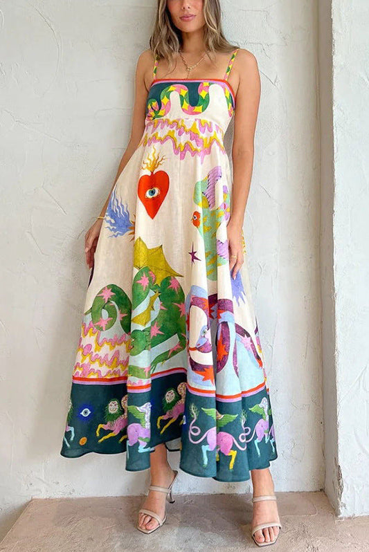 Linen-blend midi dress with unique print, smocked back and pockets