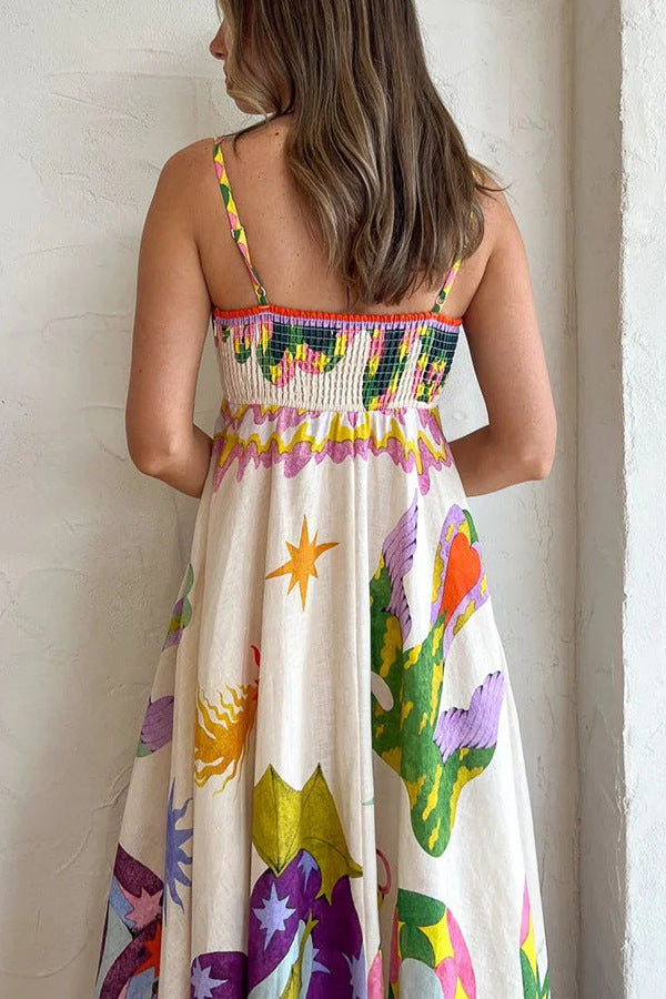 Linen-blend midi dress with unique print, smocked back and pockets