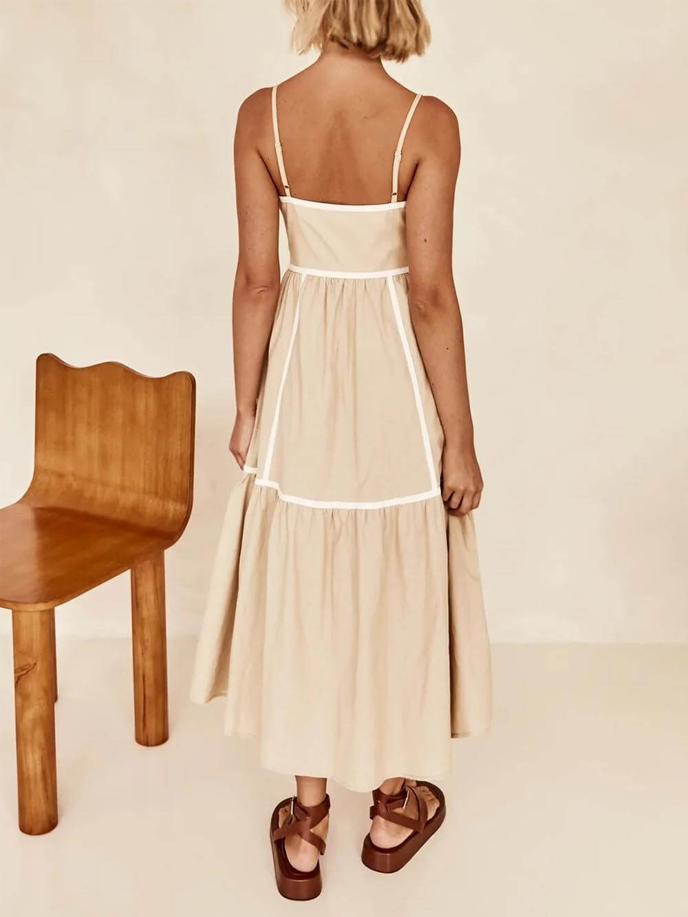 Midi dress with contrasting trim and adjustable straps