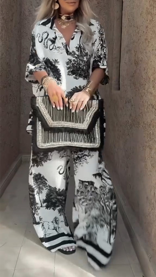 Women's V-neck Top + Printed Trousers Casual Suit