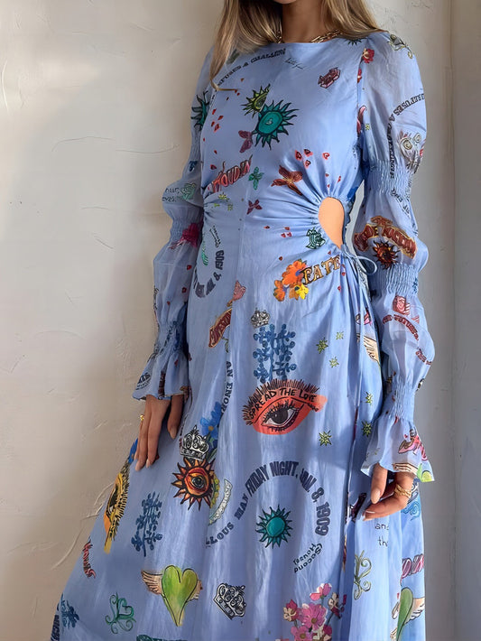 Kurzes Midikleid mit Graffiti-Laternenausschnitt und Ausschnitt