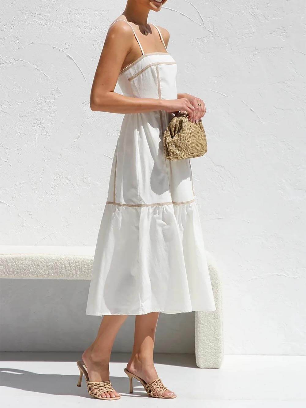 Midi dress with contrasting trim and adjustable straps