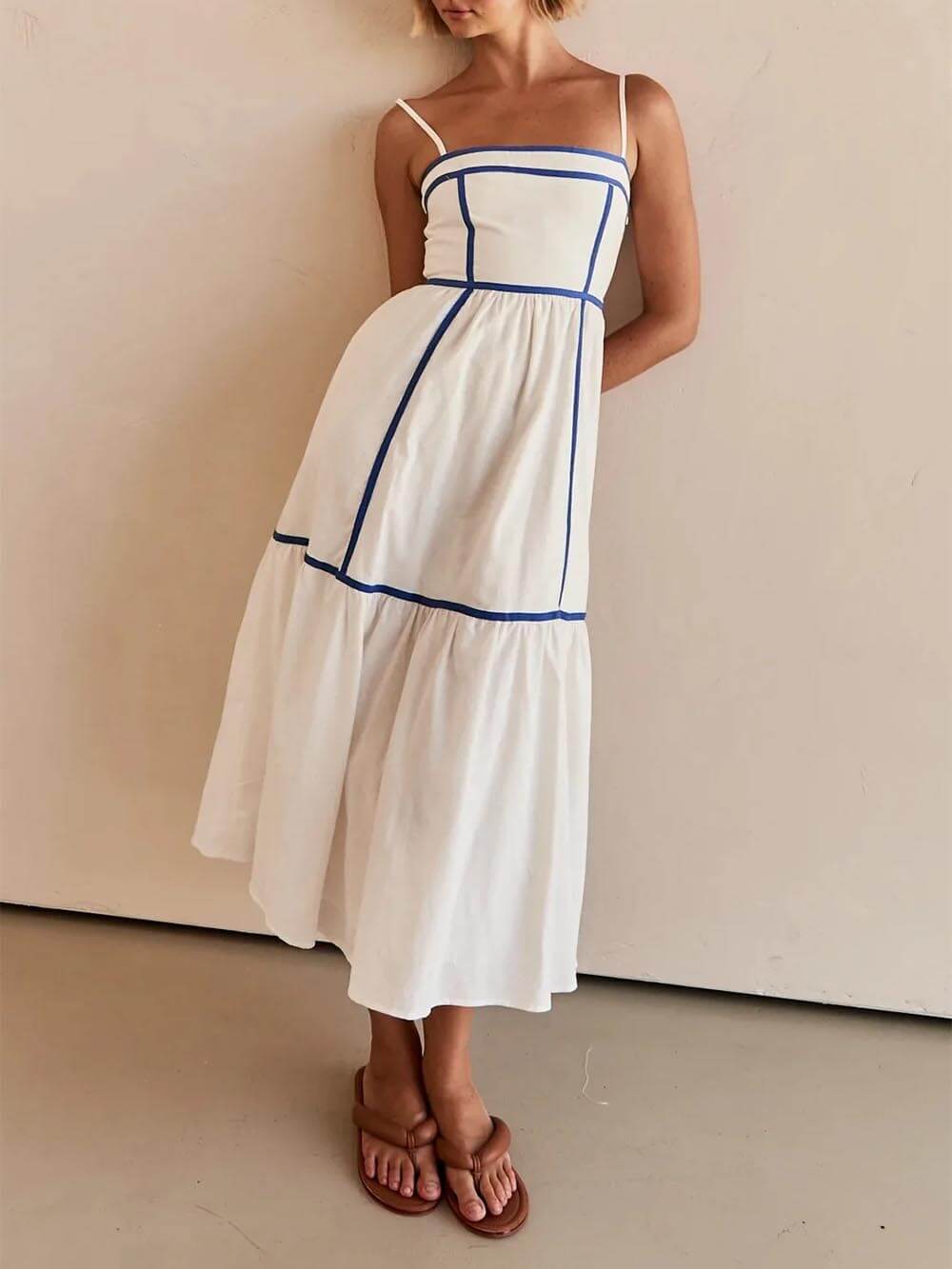 Midi dress with contrasting trim and adjustable straps