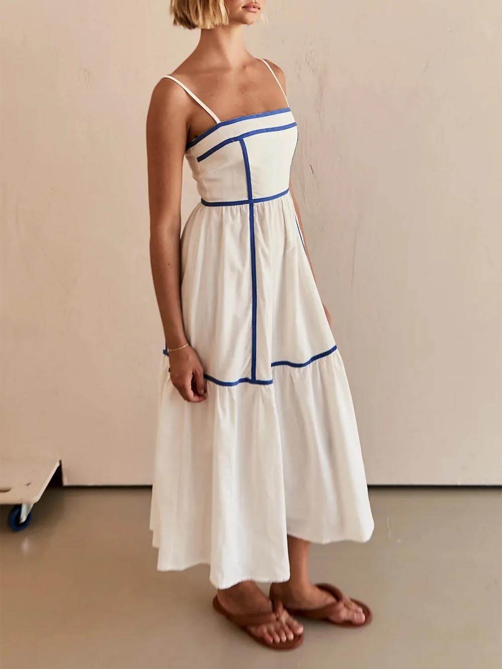 Midi dress with contrasting trim and adjustable straps