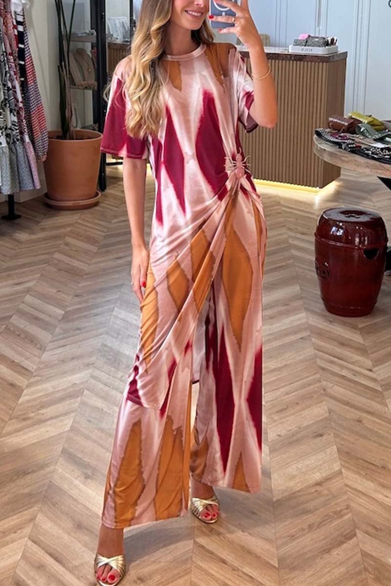 Women's casual tie-dye slit tops and pants two-piece set