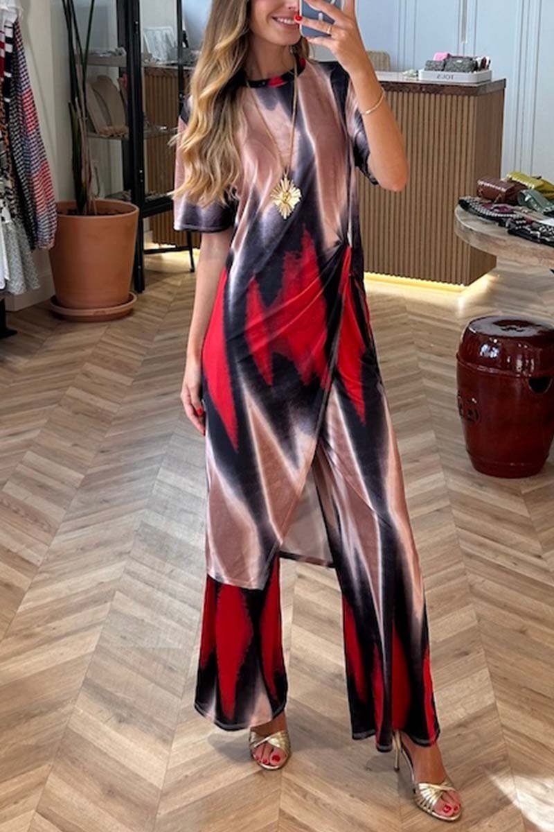 Women's casual tie-dye slit tops and pants two-piece set