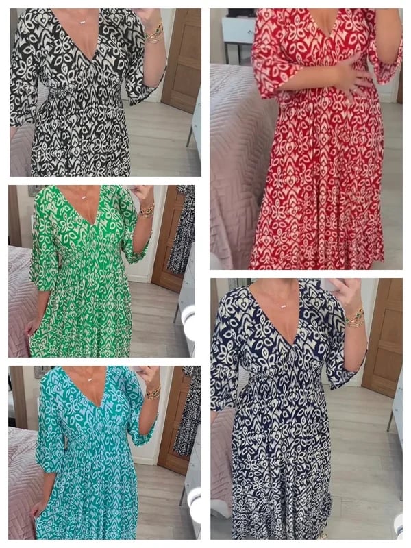 Bohemian casual print V-neck waist wrap long dress