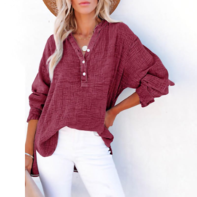 Womens Casual Button V Neck Long Sleeve Shirts Oversized Solid Blouses Tops