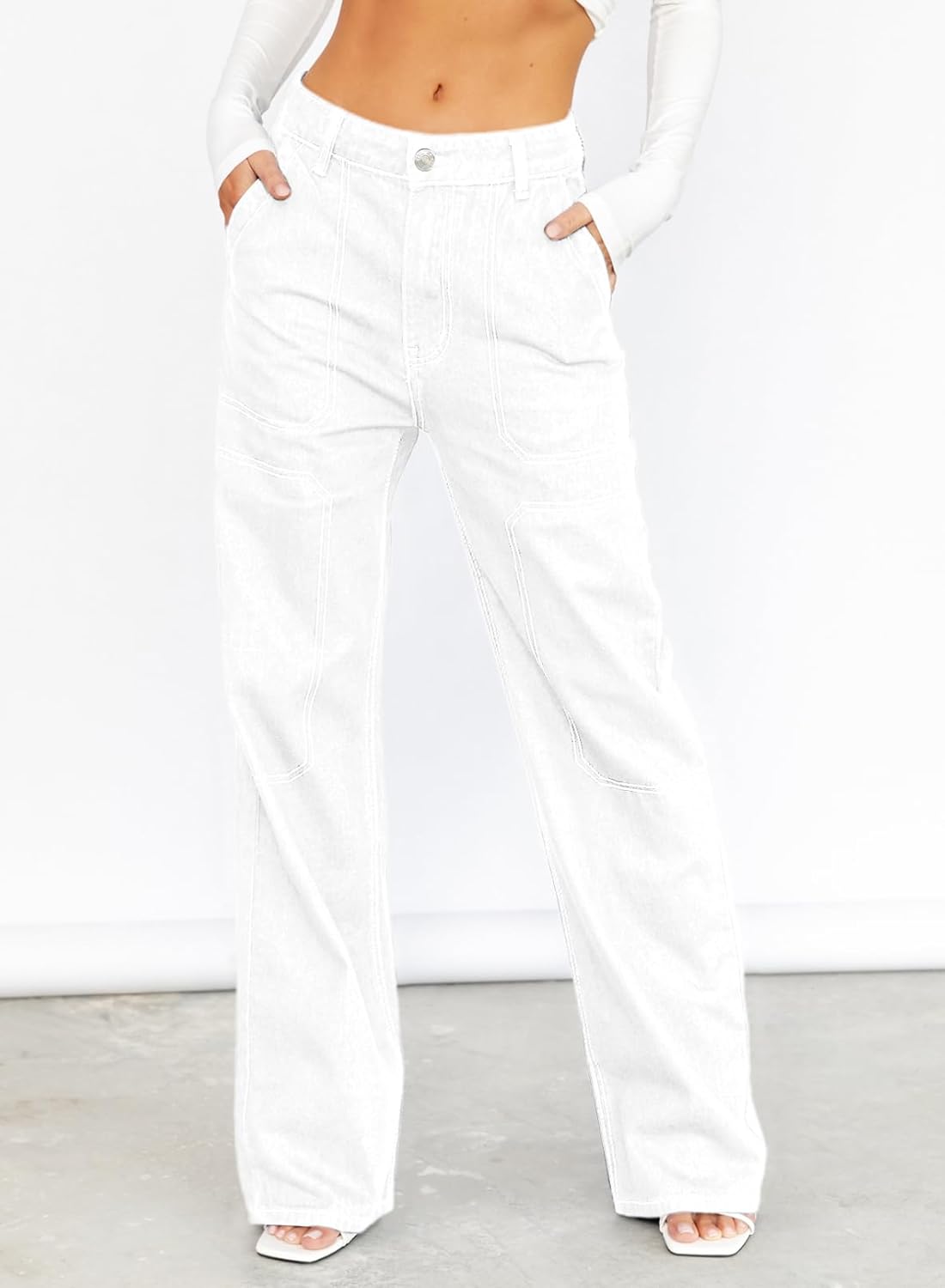 Dokotoo Women's Casual Mid Waist Cargo Jeans Stretch Wide Leg Denim Pants with Pockets