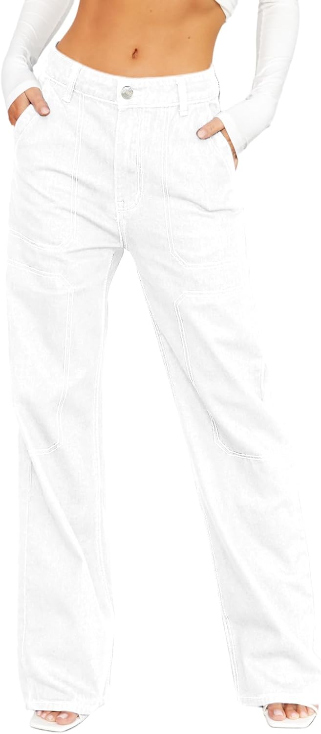 Dokotoo Women's Casual Mid Waist Cargo Jeans Stretch Wide Leg Denim Pants with Pockets