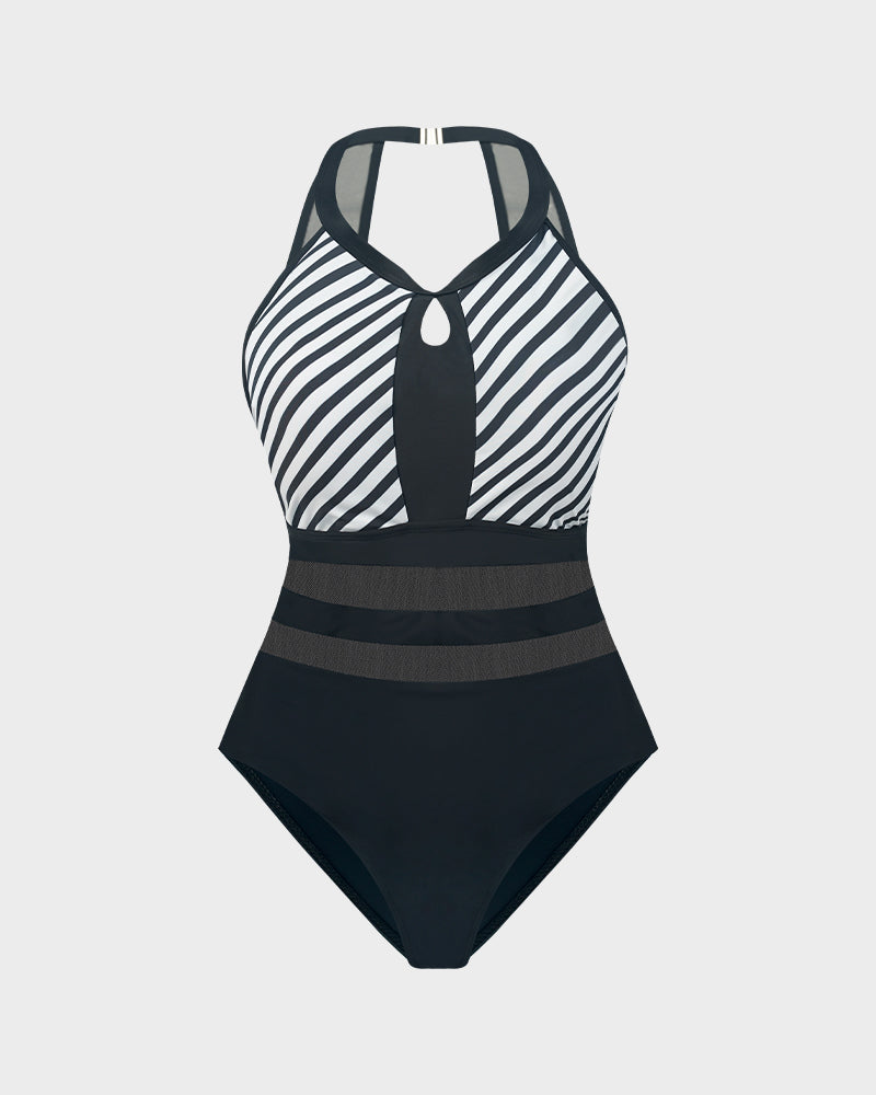Striped Halter Neck Mesh Insert One-Piece Swimsuit