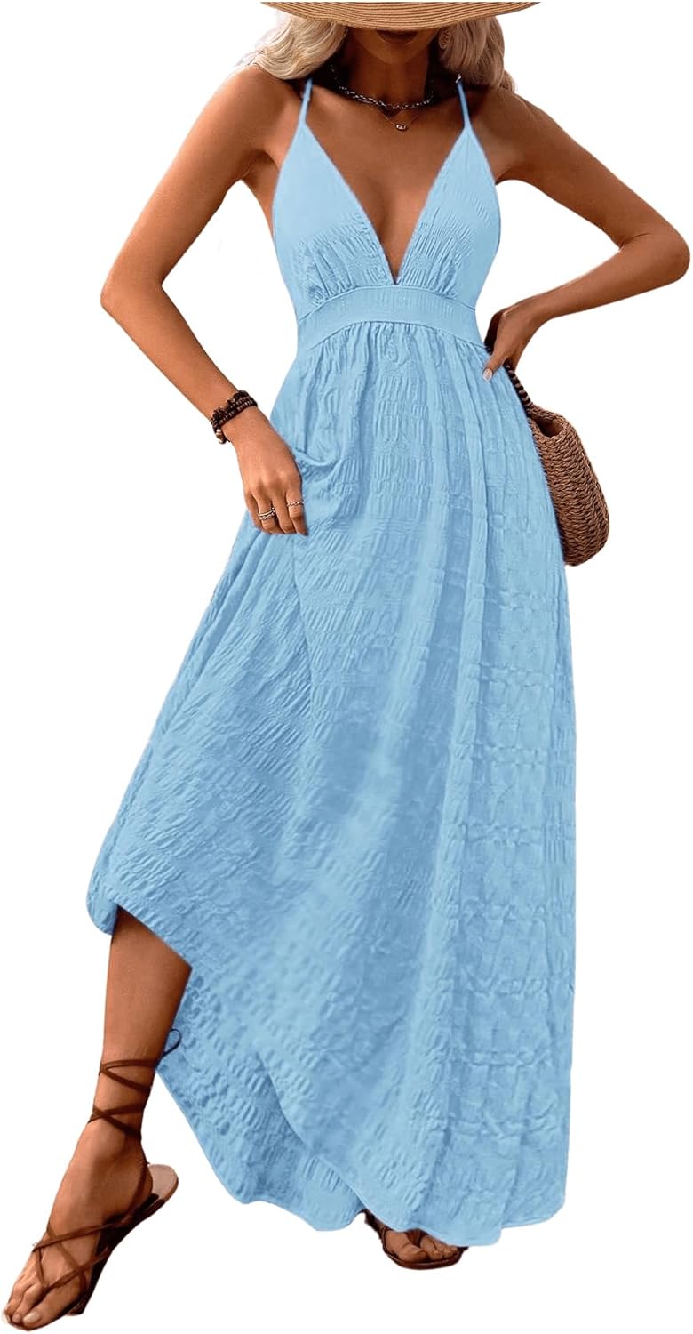 MakeMeChic Women's Boho V Neck Sleeveless Maxi Sundress Floral Print Criss Cross Backless Flare Cami Dress