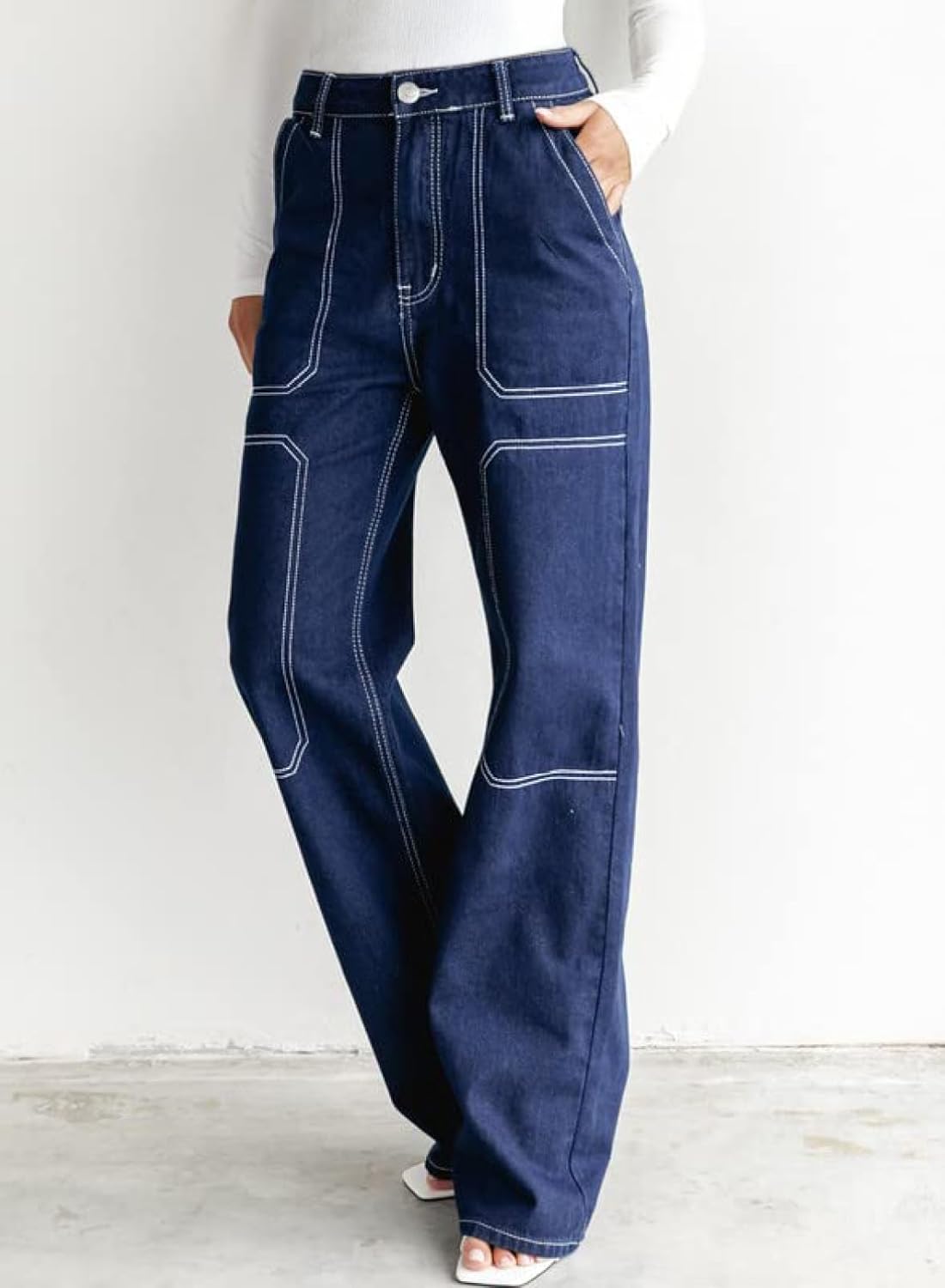 Dokotoo Women's Casual Mid Waist Cargo Jeans Stretch Wide Leg Denim Pants with Pockets