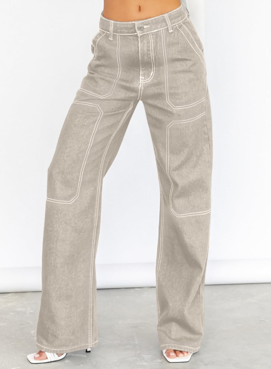 Dokotoo Women's Casual Mid Waist Cargo Jeans Stretch Wide Leg Denim Pants with Pockets