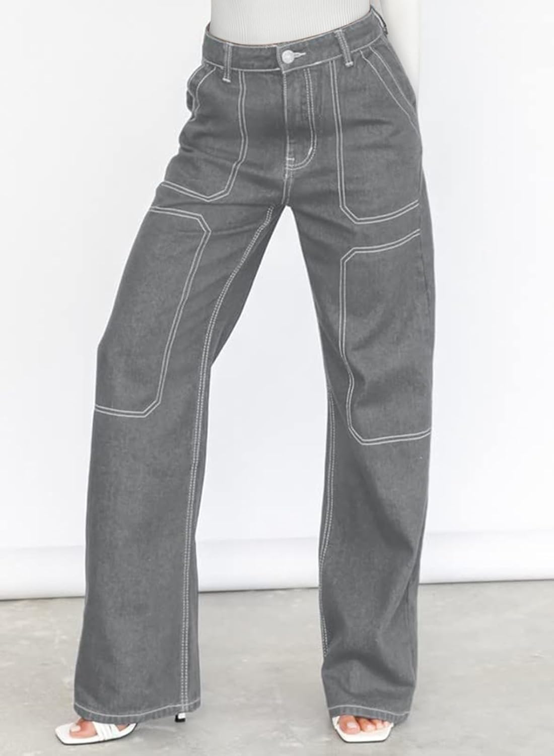 Dokotoo Women's Casual Mid Waist Cargo Jeans Stretch Wide Leg Denim Pants with Pockets