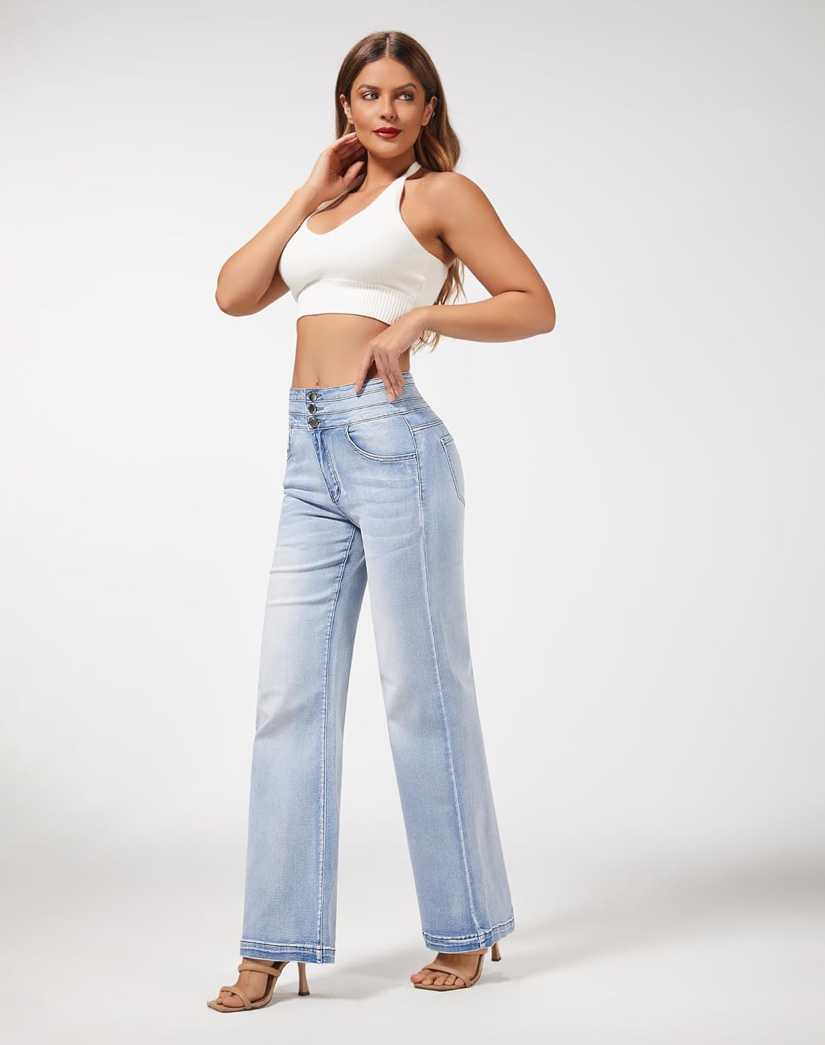 roswear Women's Wide Leg Jeans Casual High Waisted Stretch Baggy Loose Denim Pants