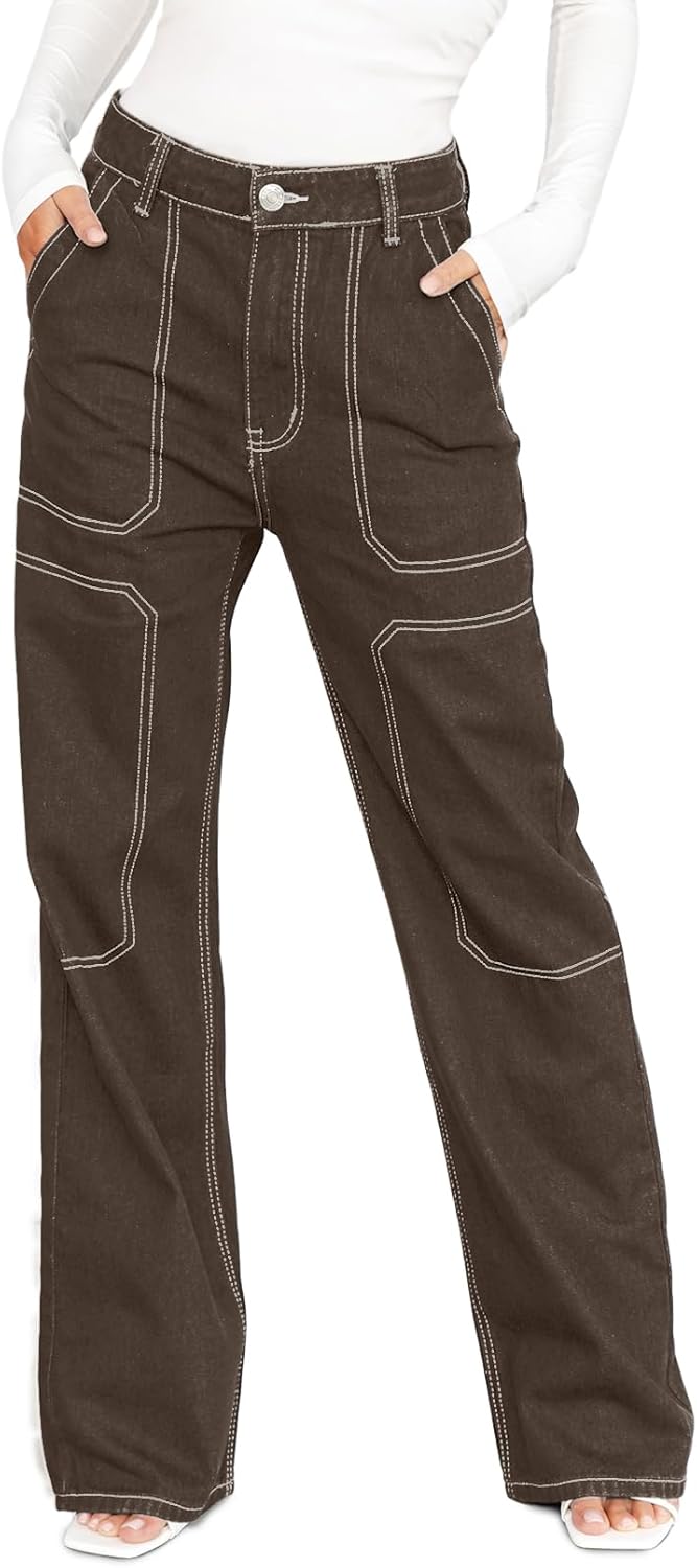 Dokotoo Women's Casual Mid Waist Cargo Jeans Stretch Wide Leg Denim Pants with Pockets
