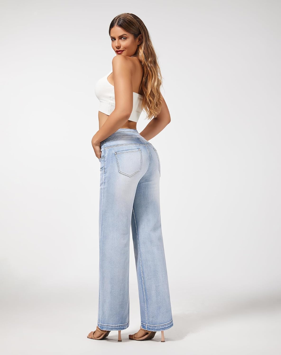 roswear Women's Wide Leg Jeans Casual High Waisted Stretch Baggy Loose Denim Pants