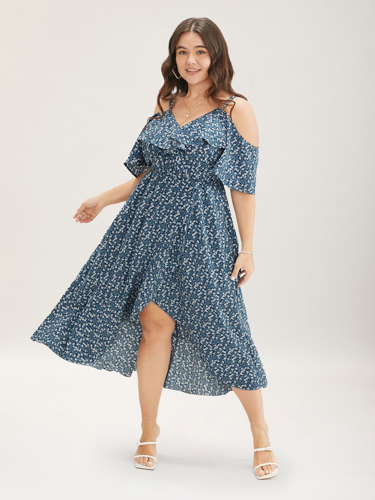 Ditsy Floral Pocket Wrap Cold Shoulder Ruffle Dress