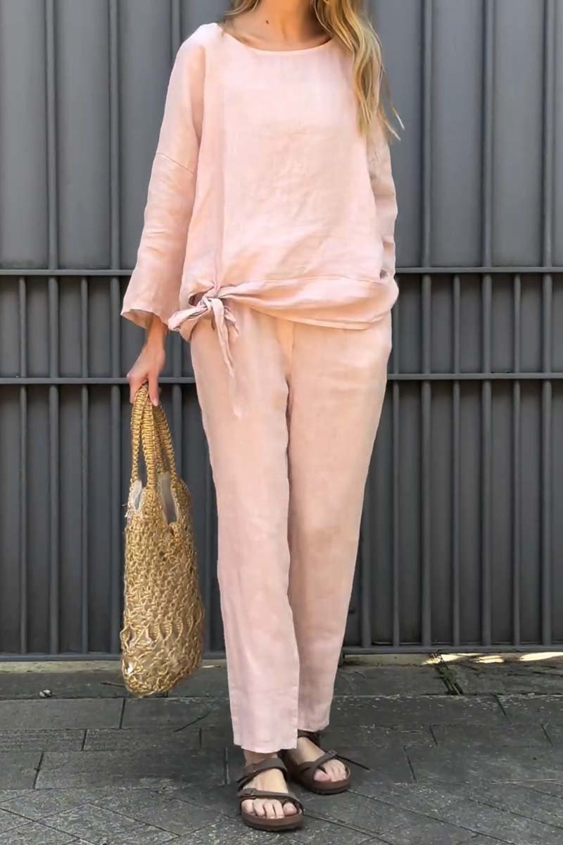 Women's casual solid color cotton and linen two-piece set