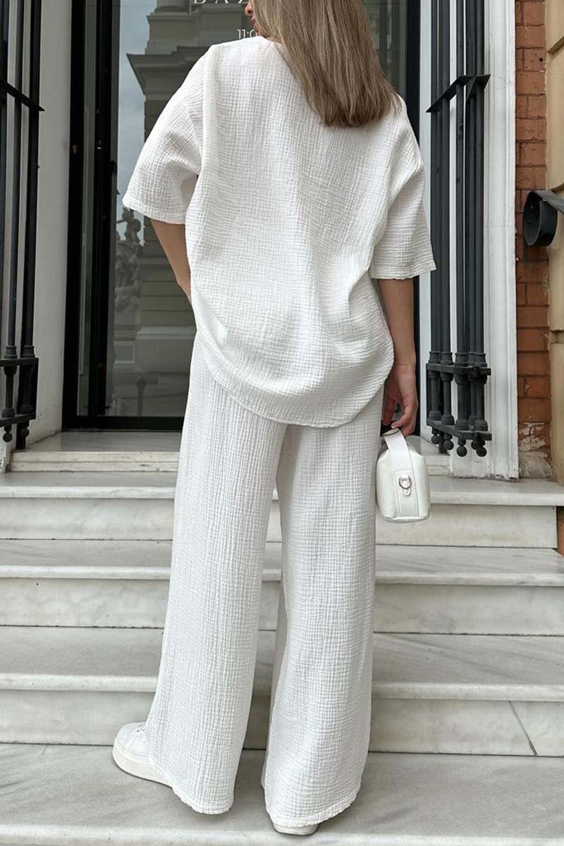 Women's casual V-neck short-sleeved solid color two-piece set