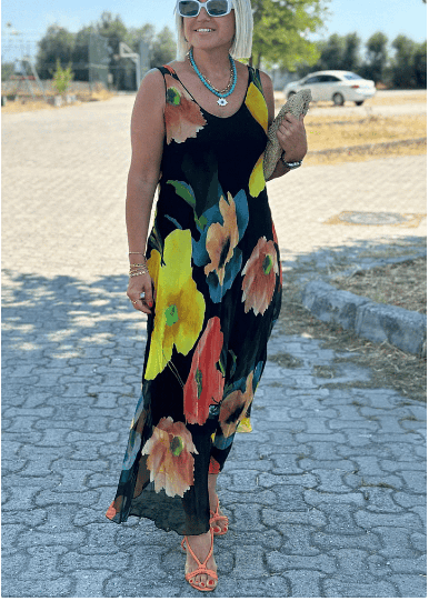 Floral Print Silk Chiffon Maxi Dress with U-Neckline