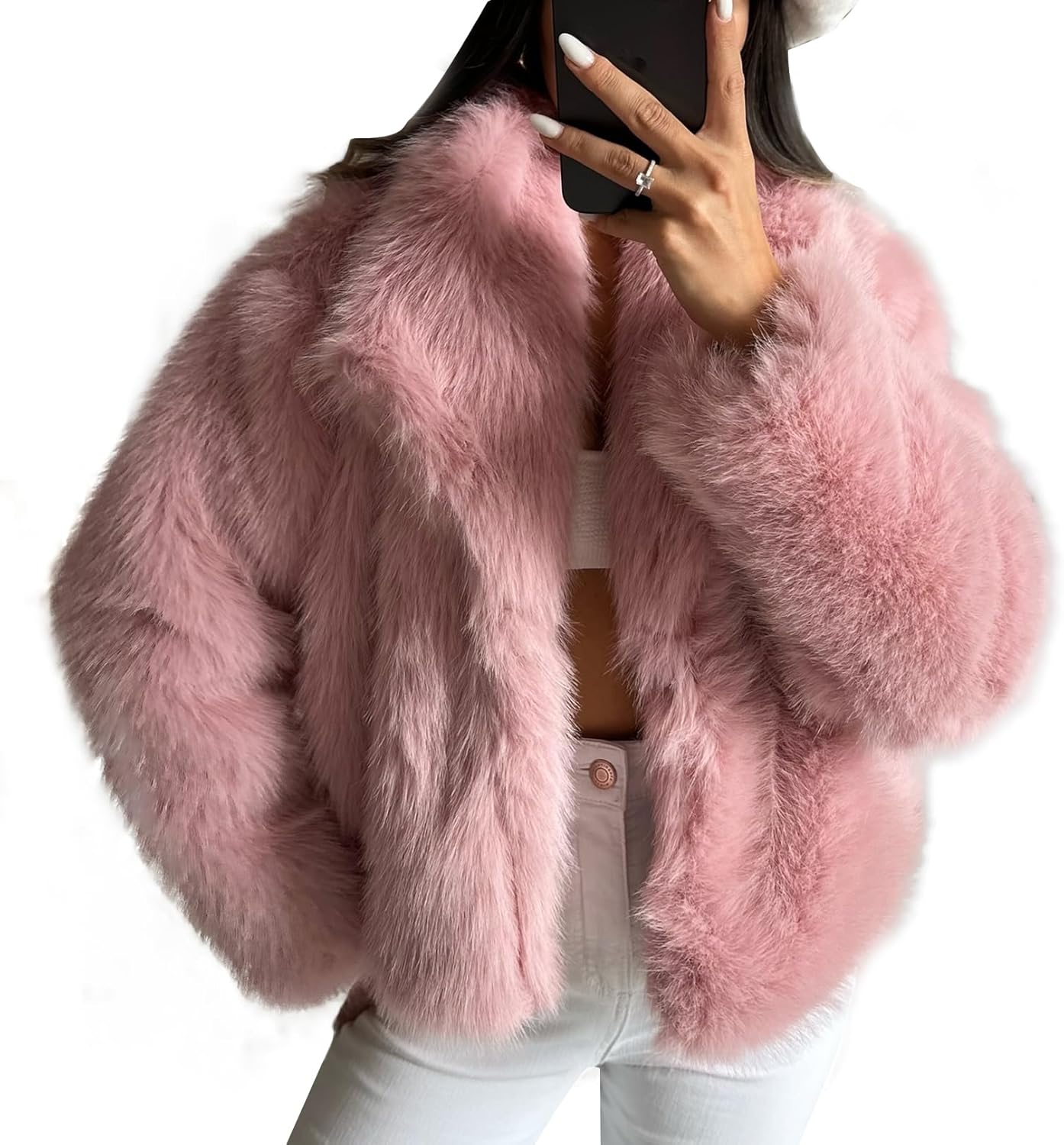 Flygo Women's Faux Fur Coat Fluffy Faux Fur Jacket Long Sleeve Lapel Furry Winter Jackets Shaggy Parka Short Coat