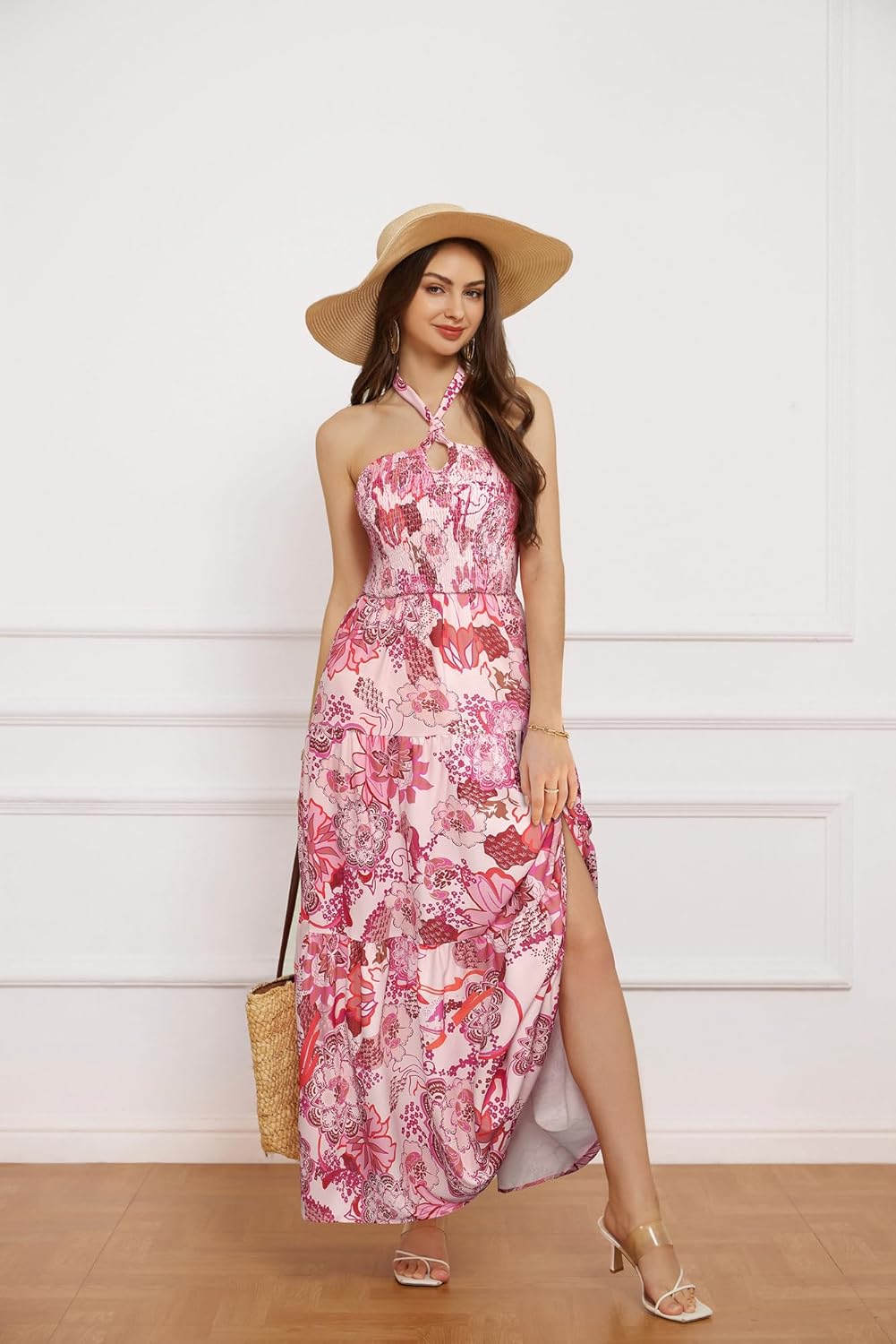 GRACE KARIN Women's Summer Dresses 2025 Halter Neck Sleeveless Smocked Backless Cut Out Floral Flowy A Line Maxi Dress