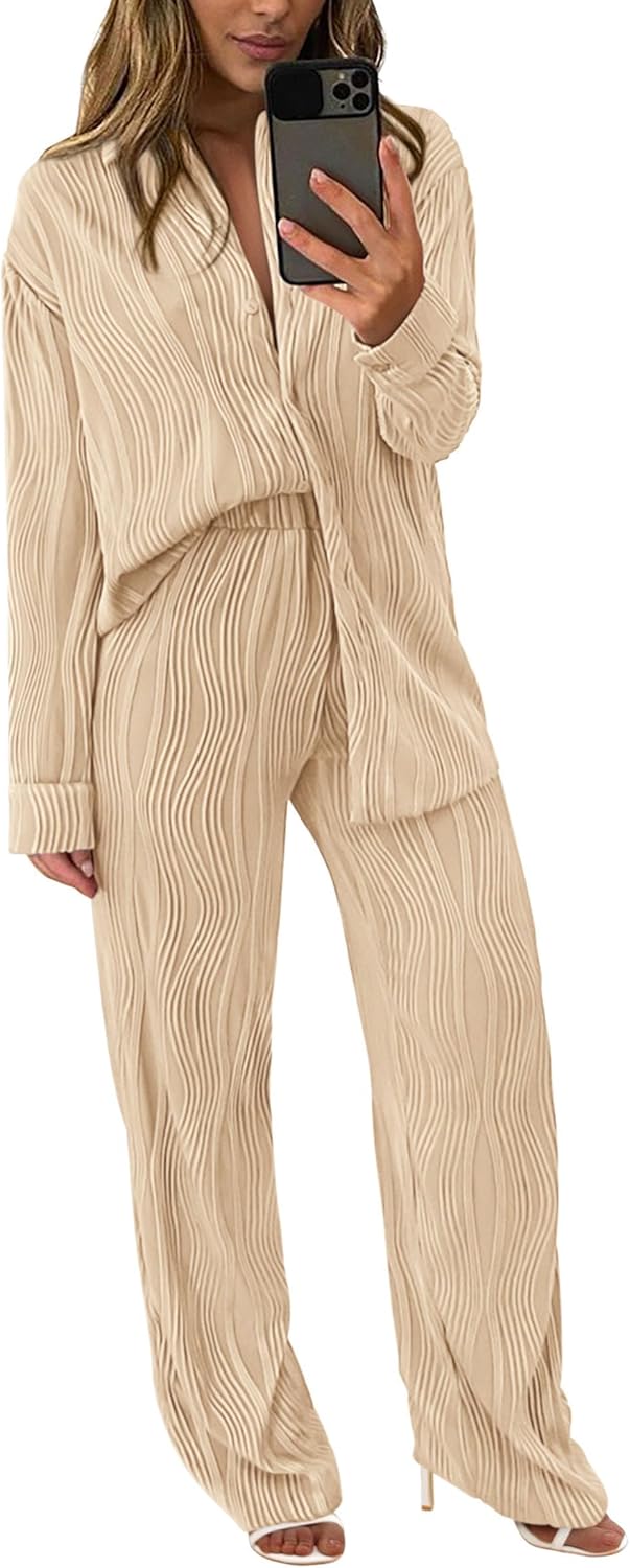 Women's 2 Piece Textured Sets Casual Button Down Shirt Wide Leg Pants Outfit Loungewear Tracksuit