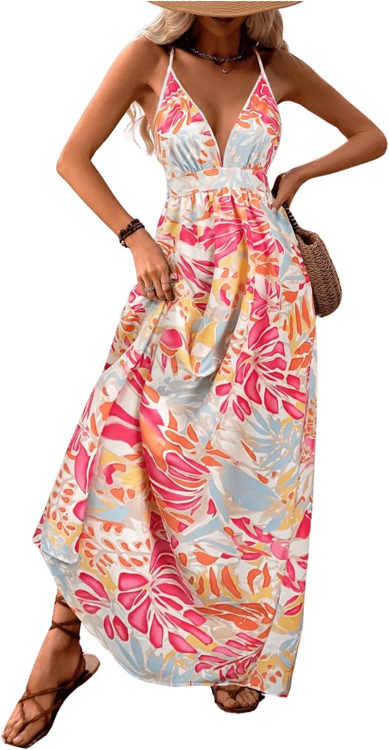MakeMeChic Women's Boho V Neck Sleeveless Maxi Sundress Floral Print Criss Cross Backless Flare Cami Dress