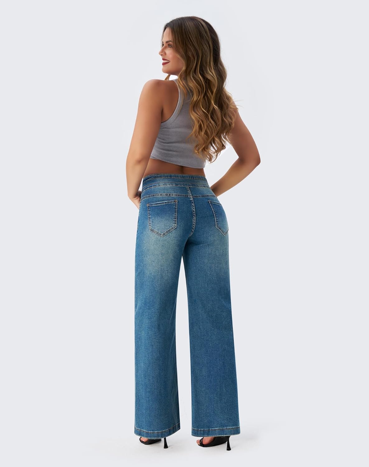 roswear Women's Wide Leg Jeans Casual High Waisted Stretch Baggy Loose Denim Pants