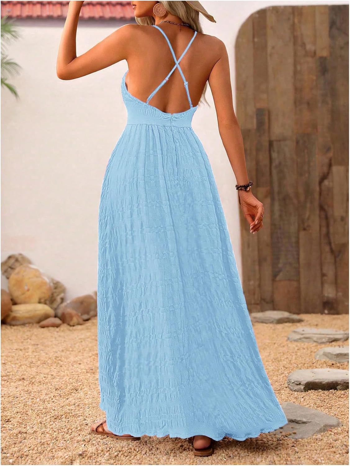 MakeMeChic Women's Boho V Neck Sleeveless Maxi Sundress Floral Print Criss Cross Backless Flare Cami Dress