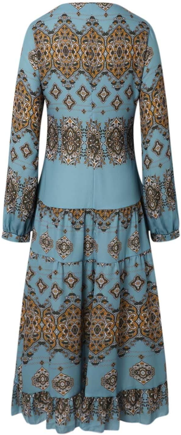 Women's Flowy Ethnic Puff Long Sleeve Midi Dress Casual Boho Floral Swing V-Neck Vacation Ruffle Dress with Belt