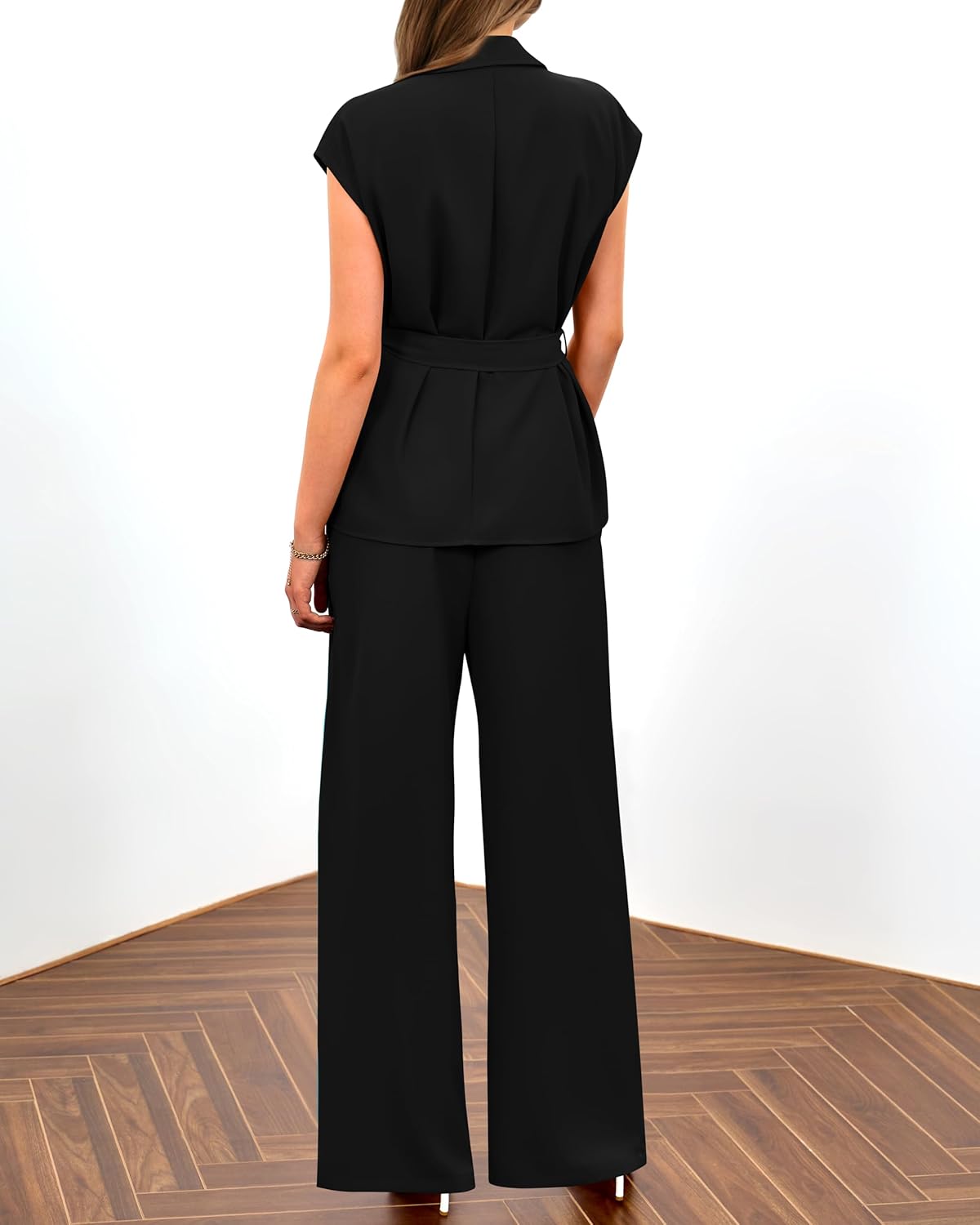 PRETTYGARDEN Women's Summer 2 Piece Outfits 2025 Cap Sleeve V Neck Blazer Vest Wide Leg Pant Sets Office Work Clothes