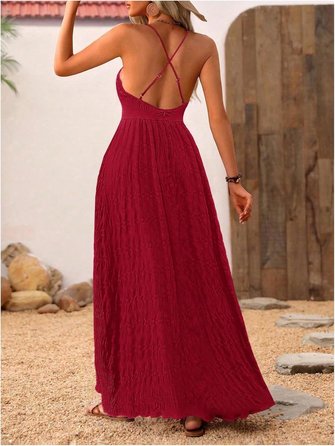 MakeMeChic Women's Boho V Neck Sleeveless Maxi Sundress Floral Print Criss Cross Backless Flare Cami Dress