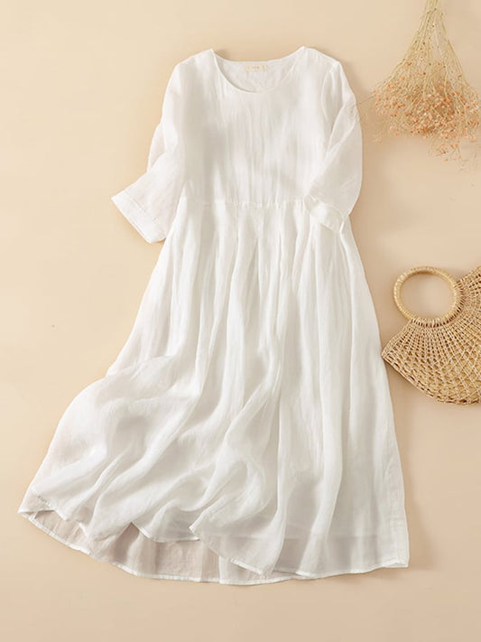 Ramie Solid Loose Pleated Dress