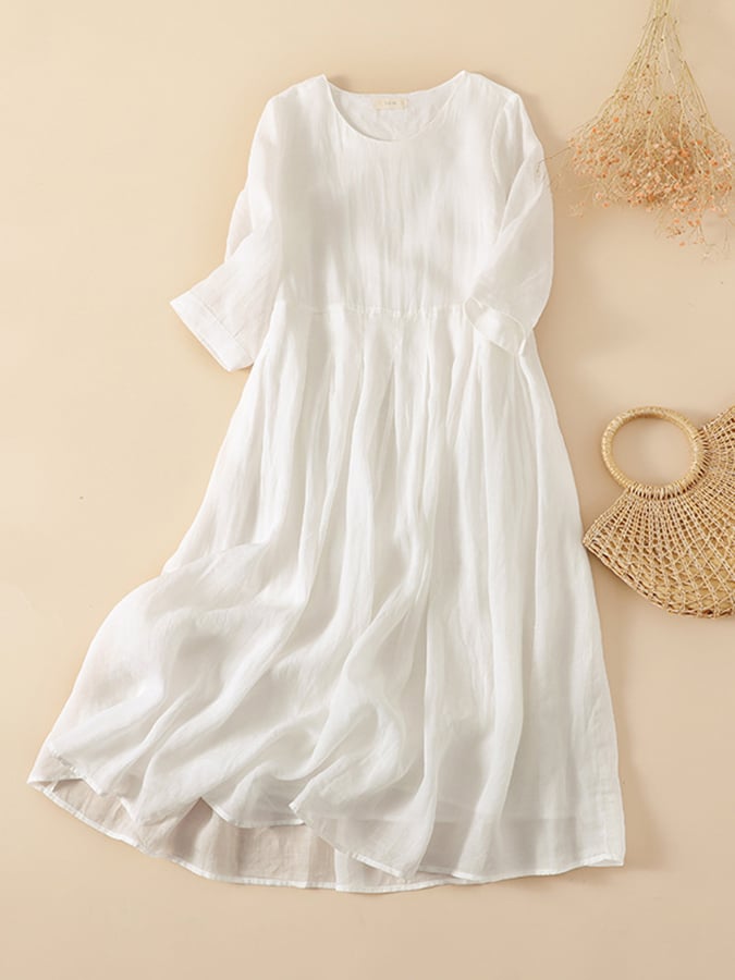 Ramie Solid Loose Pleated Dress