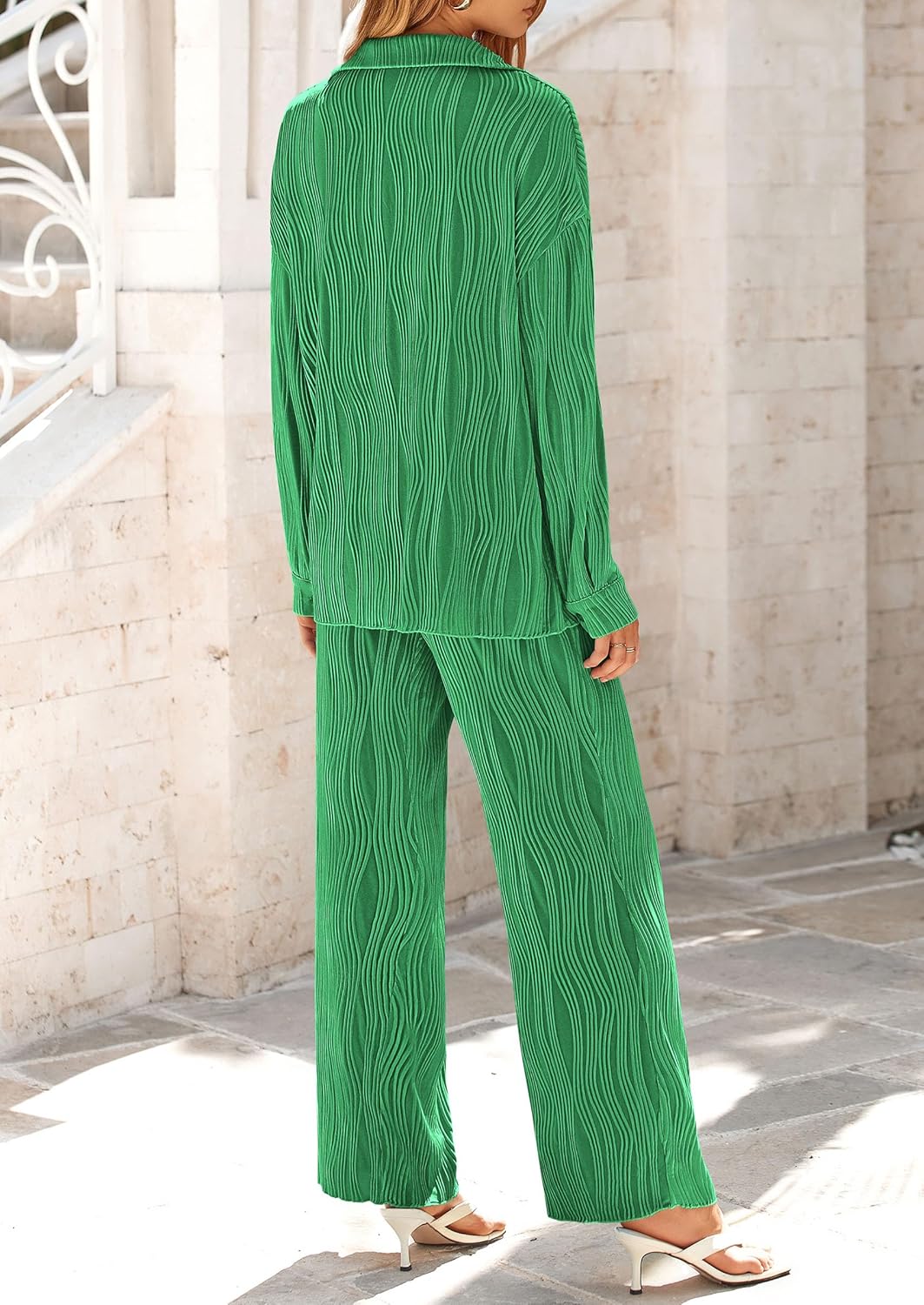 Women's 2 Piece Textured Sets Casual Button Down Shirt Wide Leg Pants Outfit Loungewear Tracksuit