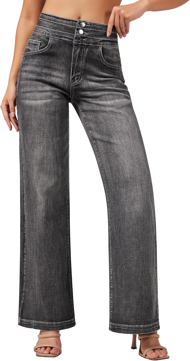 roswear Women's Wide Leg Jeans Casual High Waisted Stretch Baggy Loose Denim Pants