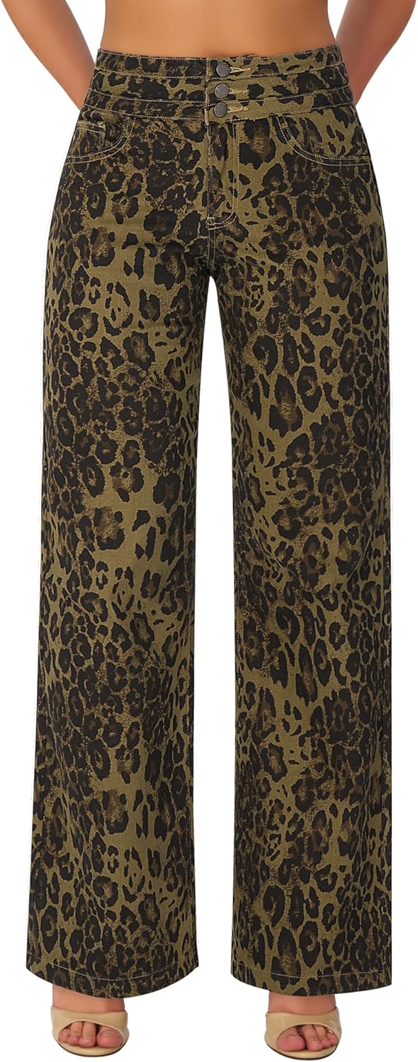 roswear Women's Wide Leg Jeans Casual High Waisted Stretch Baggy Loose Denim Pants